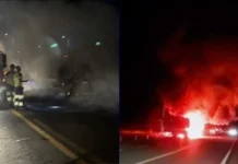 Pneu estoura e provoca incêndio em carreta carregada de soja na BR-364 em Rondônia